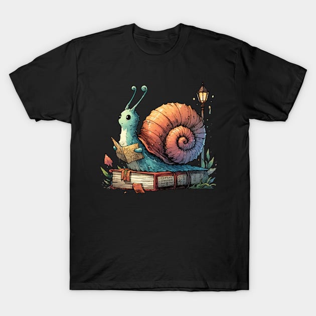 Snail Traveler Reading a Map On Book T-Shirt by TomFrontierArt